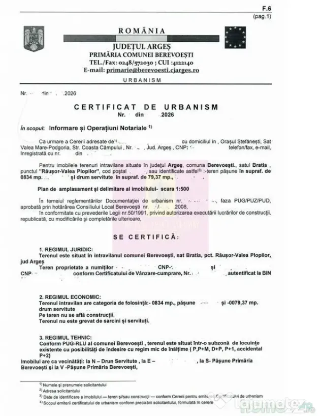 BEREVOIESTI (AG) SE VINDE TEREN 834 MP IN zona Pastravari...
