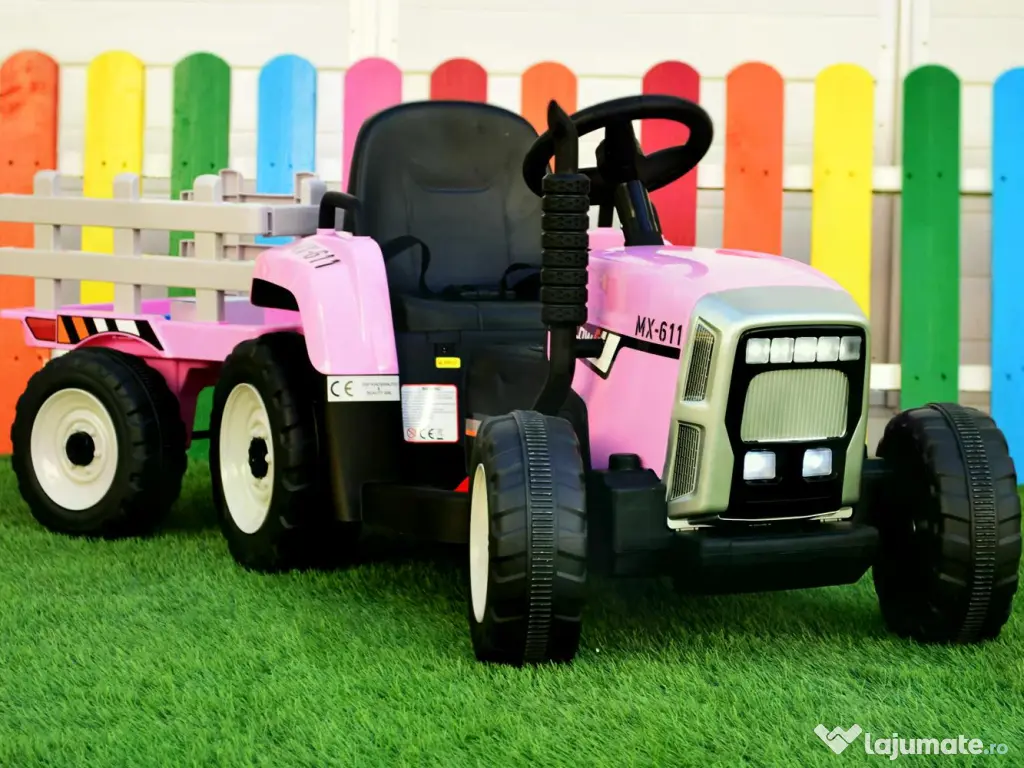 Tractoras electric Kinderauto BJ611 2x30W 12V cu remorca si RCv Pink
