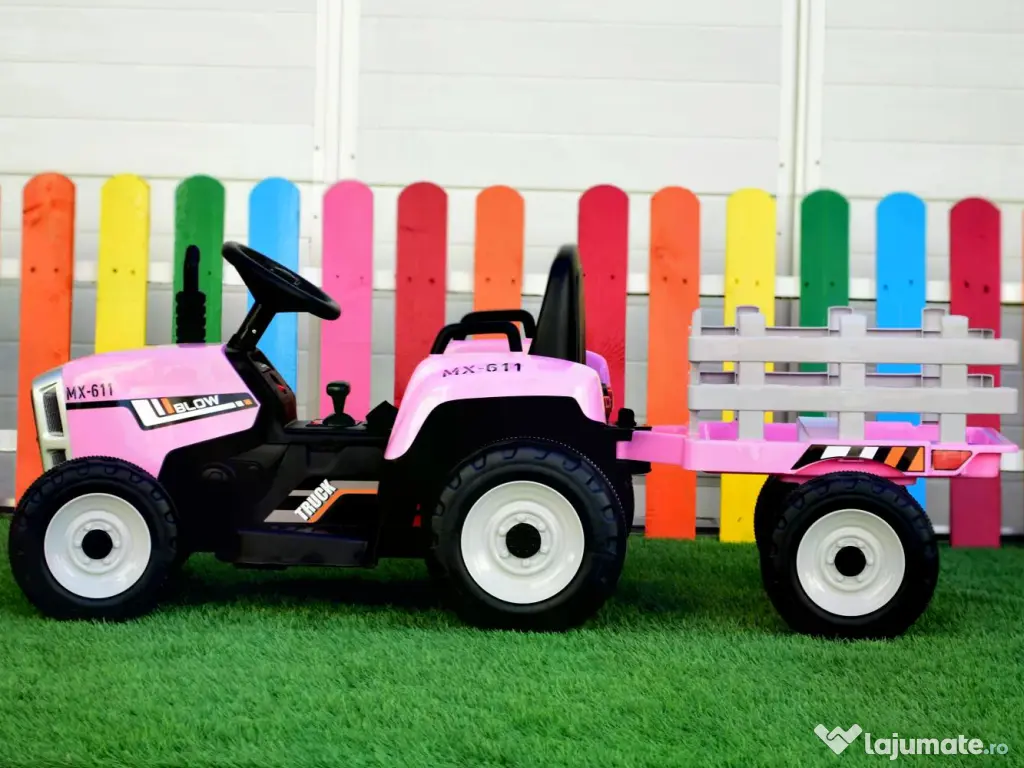 Tractoras electric Kinderauto BJ611 2x30W 12V cu remorca si RCv Pink