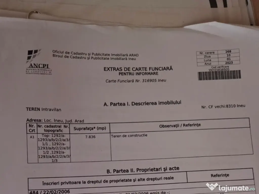 Vand teren intravilan orasul Ineu jud. Arad, 7836 mp, fs 30ml. Toate utilitatile.