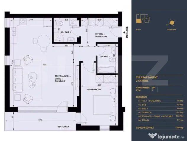 Apartament cu 2 camere, 2 bai, Smart Home, 64.5 mp - Complex