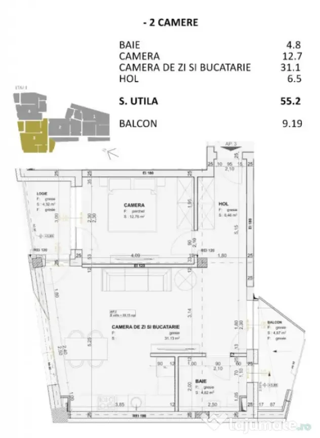 Apartament 2 camere, 55 mp, finisat, nZEB, Central