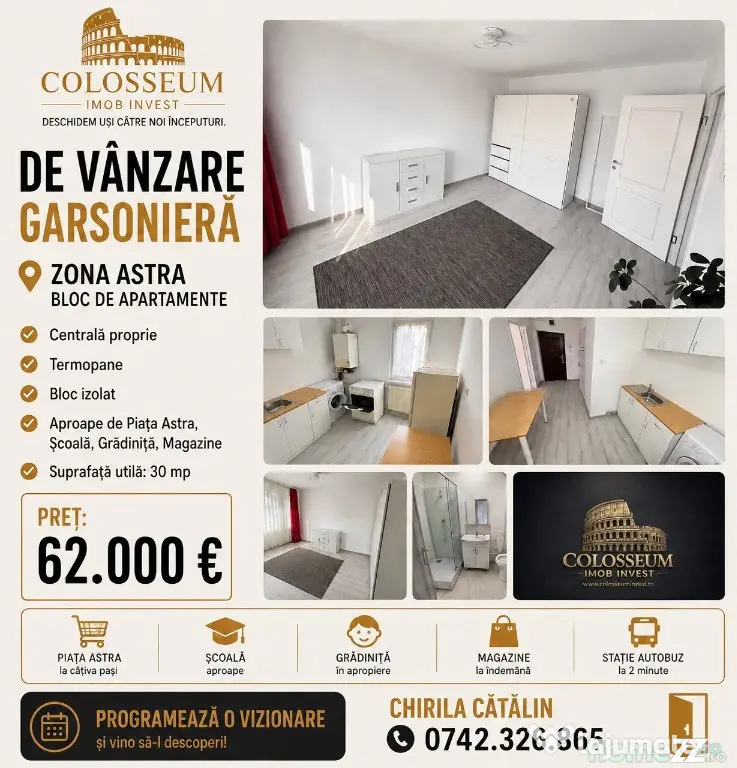Garsonieră bloc de apartamente – Astra - Soarelui,centrala,termopane