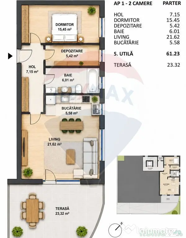 Apartament cu 2 camere (terasa 23 mp) de vanzare - zona s...