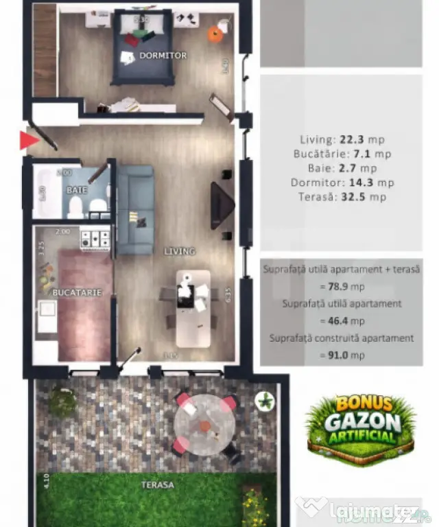 Apartament 2 camere, decomandat, CF, terasa, parcare subtera