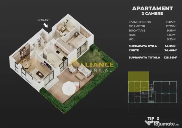 NOU Apartament 2 camere cu gradina