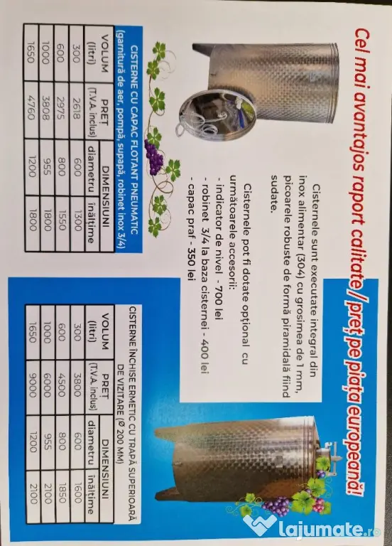 1.000 litri Cisterna Inox Alimentar Capac flotant pneumatic Vas/Vinifica