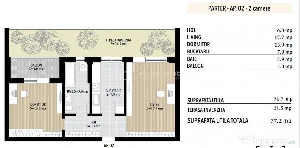 2 camere decomandat - 77.20 mp - Platinum Residence - Metal