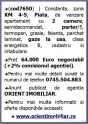 Km 4-5, Piata, de vanzare apartament 2 camere, parter 