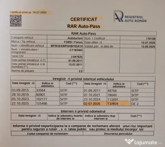 Vand autoturism Ford Focus din 2011, diesel 1.6, cp 109, km reali 132.806