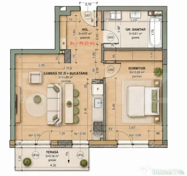Apartament 2 camere, 49.20 mp, comision 0, zona Iris