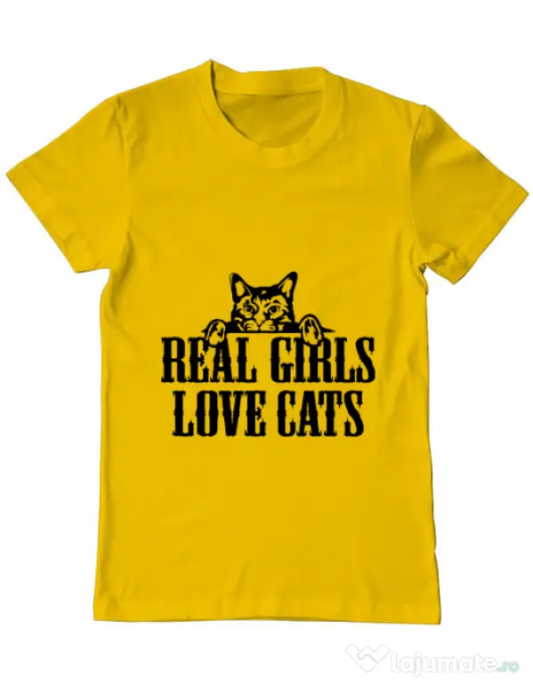 Tricou ADLER barbat Real girls love cats Galben