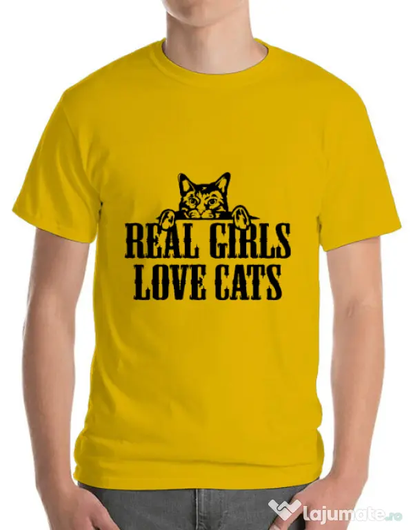 Tricou ADLER barbat Real girls love cats Galben