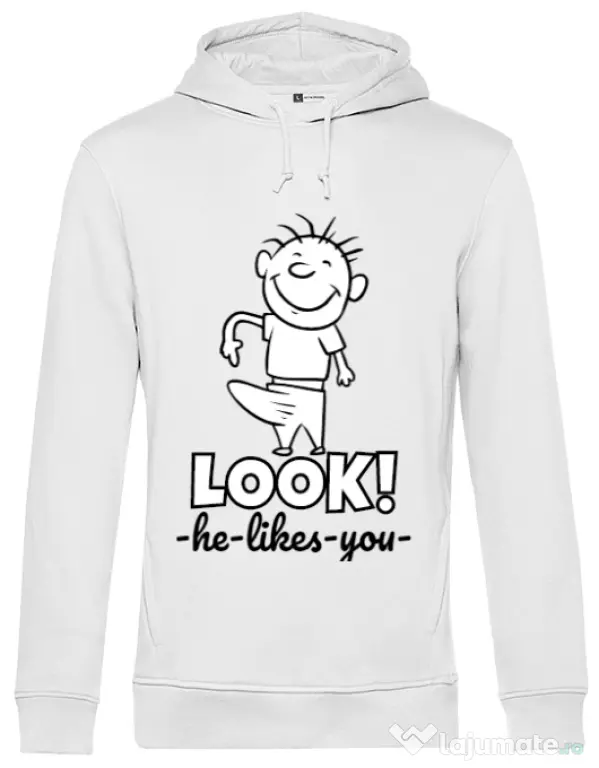 Hoodie barbat cu gluga He likes you Alb