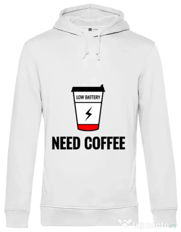 Hoodie barbat cu gluga Need coffee Alb
