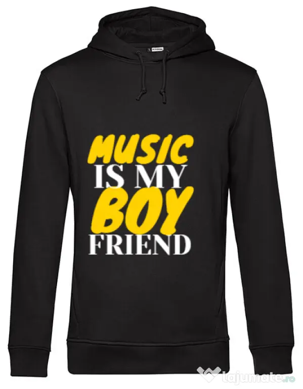 Hoodie barbat cu gluga Music is my boyfriend Negru