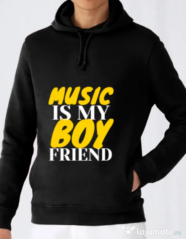 Hoodie barbat cu gluga Music is my boyfriend Negru