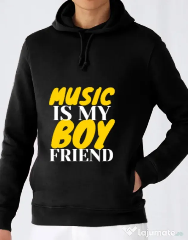 Hoodie barbat cu gluga Music is my boyfriend Negru