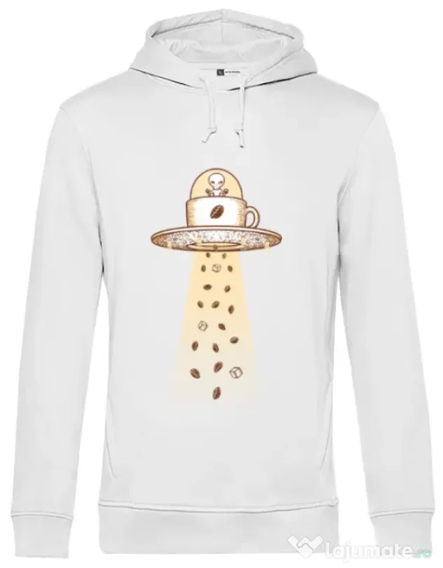 Hoodie barbat cu gluga Alien Coffee Invasion Alb