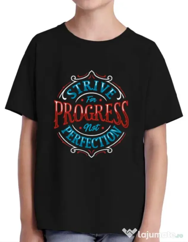 Tricou ADLER copil Strive For Progress Not Perfection Negru