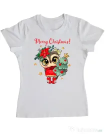 Tricou personalizat dama Xmas Owl Alb