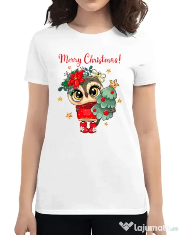 Tricou personalizat dama Xmas Owl Alb