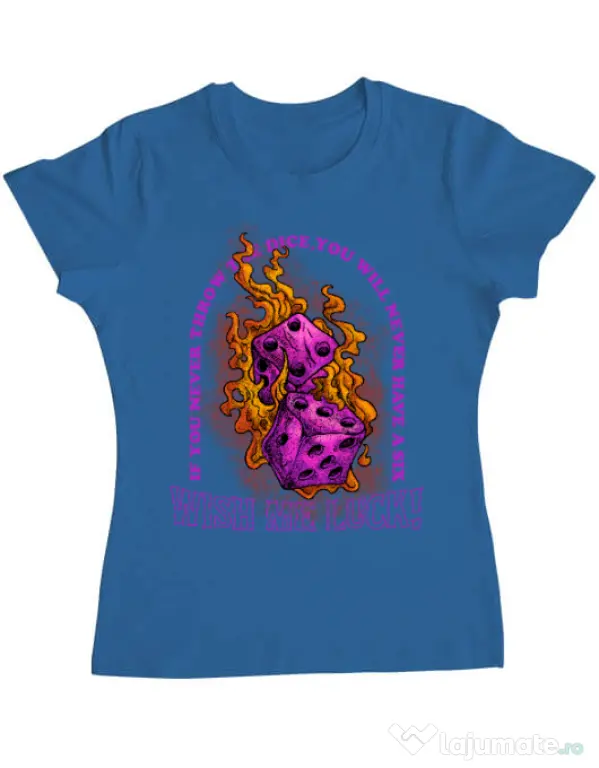 Tricou personalizat dama WISH ME LUCK Albastru azuriu