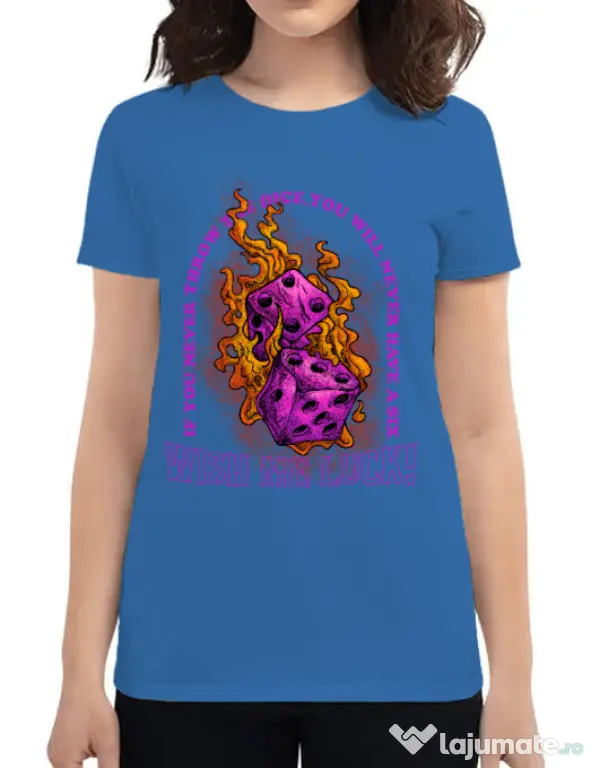 Tricou personalizat dama WISH ME LUCK Albastru azuriu