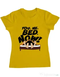 Tricou ADLER dama You me bed now Galben