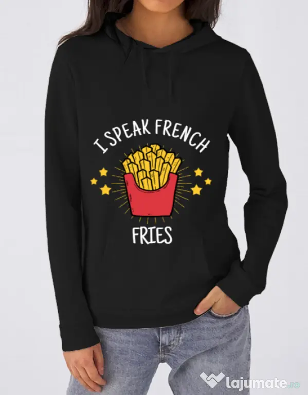 Hoodie dama cu gluga I speak french Negru