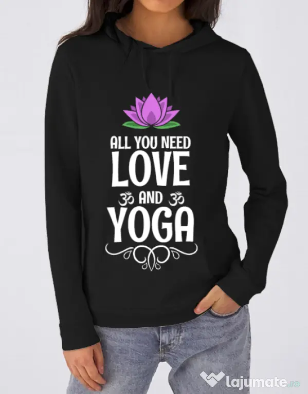 Hoodie dama cu gluga Love and yoga Negru