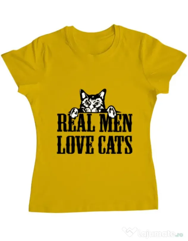 Tricou ADLER dama Real men love cats Galben