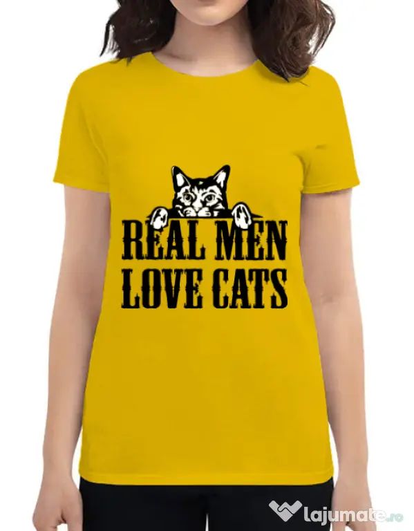 Tricou ADLER dama Real men love cats Galben