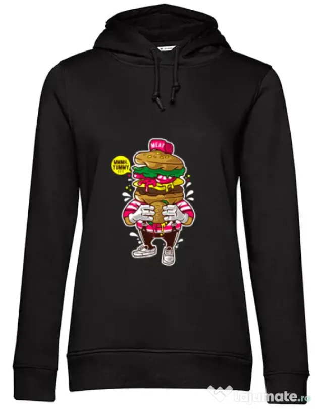 Hoodie dama cu gluga I Love Burger Negru