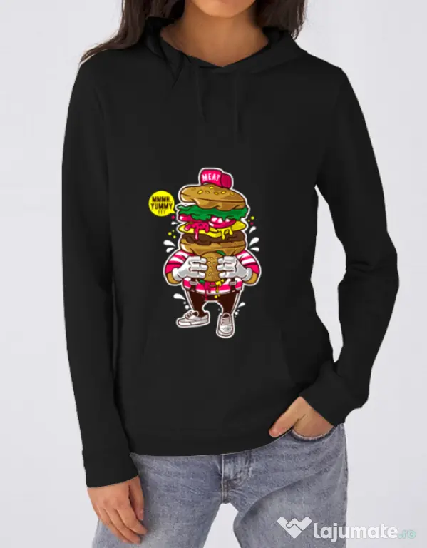 Hoodie dama cu gluga I Love Burger Negru