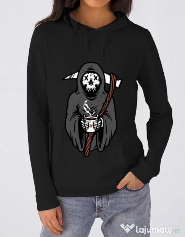 Hoodie dama cu gluga Coffee Reaper Negru