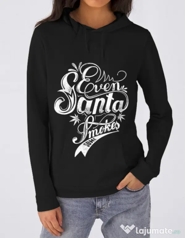 Hoodie dama cu gluga Even santa smokes Negru