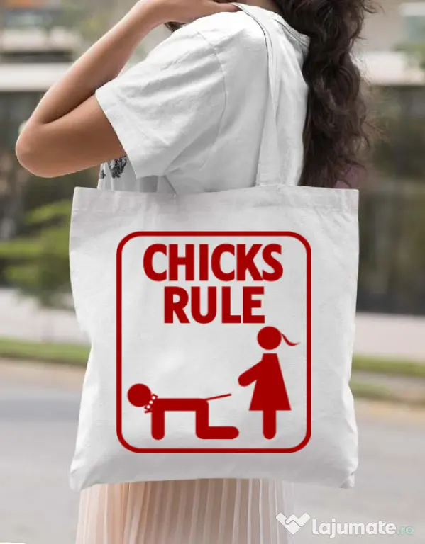 Sacosa personalizata Burlacite Chicks Rule Alb