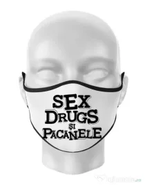Masca personalizata reutilizabila Sex, drugs si pacanele Alb