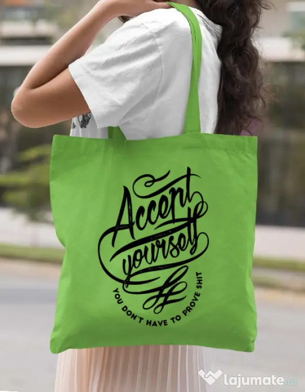 Sacosa din panza Accept Yourself Verde mar