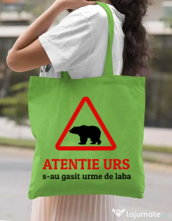 Sacosa din panza Atentie urs Verde mar