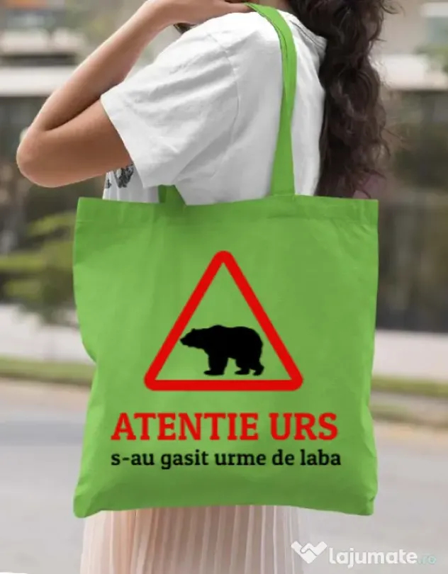 Sacosa din panza Atentie urs Verde mar