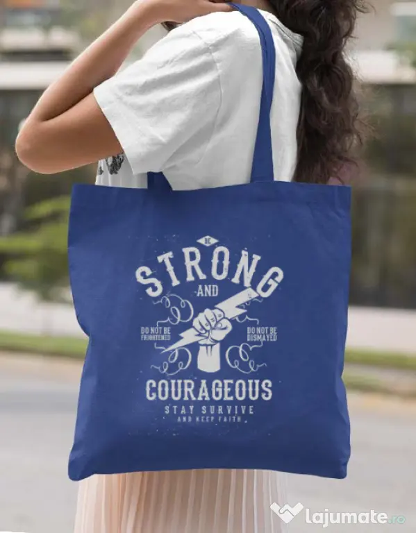 Sacosa din panza Be Strong and Courageous Albastru regal
