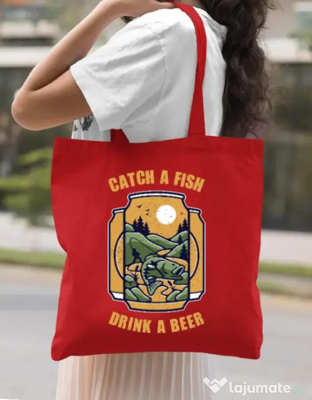 Sacosa din panza Catch a fish Rosu