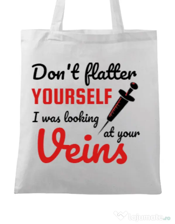 Sacosa din panza Don’t flatter yourself Alb