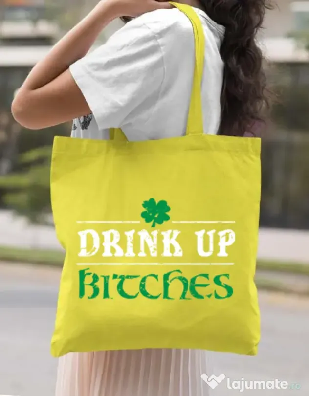 Sacosa din panza Drink up bitches Galben