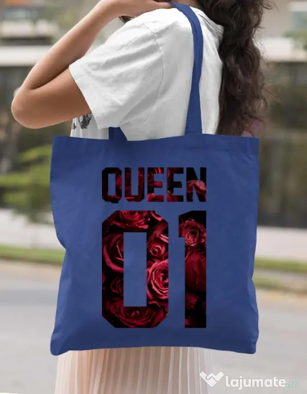 Sacosa din panza Flower queen Albastru regal