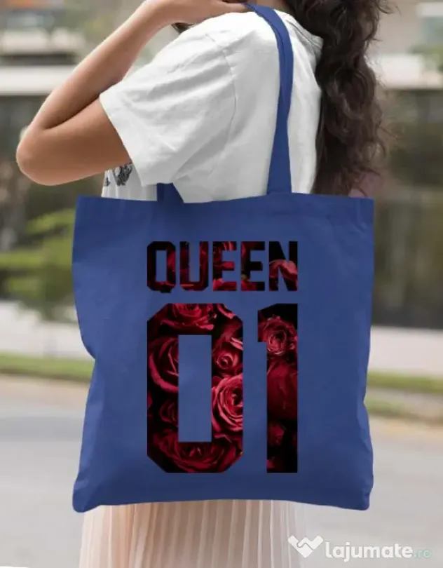 Sacosa din panza Flower queen Albastru regal