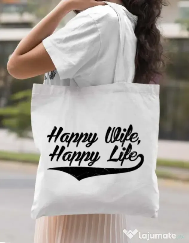 Sacosa din panza Happy life Alb