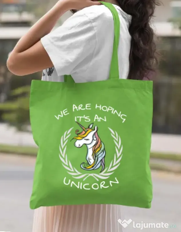 Sacosa din panza Hoping for an unicorn Verde mar